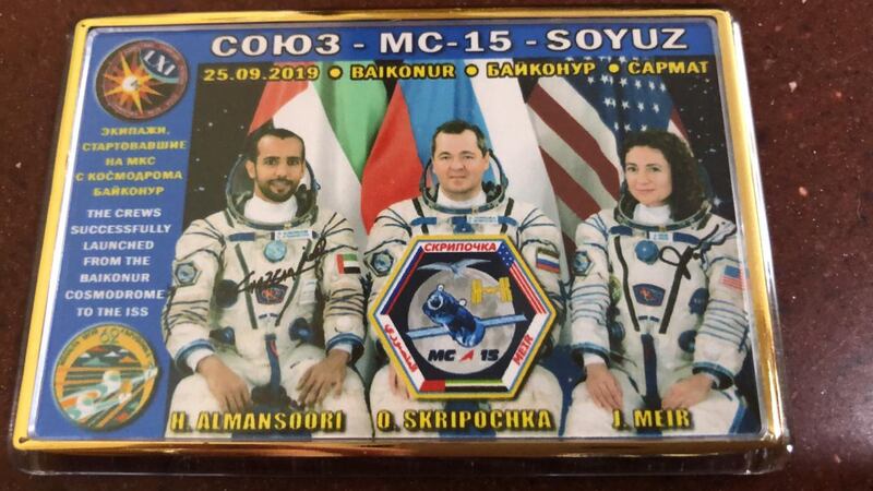 A magnet, commemorating Wednesday's launch, for sale in Baikonur's hotels. Erica Alkhershi / The National