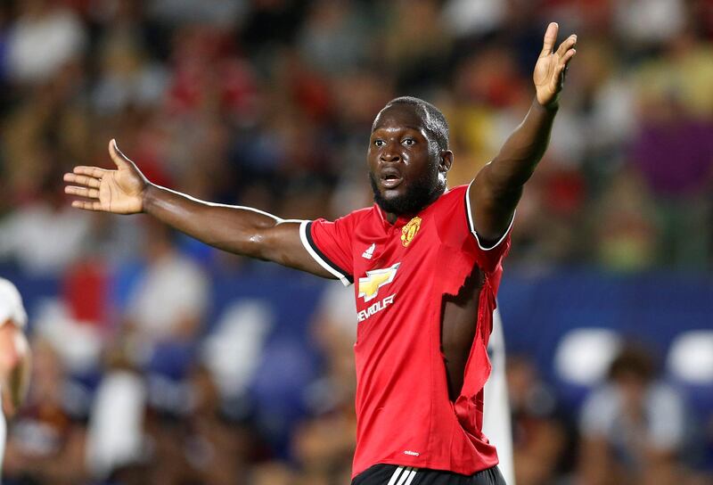 Soccer Football - Manchester United vs Los Angeles Galaxy - Pre Season Friendly - Los Angeles, USA - July 15, 2017   Manchester United's Romelu Lukaku gestures after his shirt is ripped   REUTERS/Lucy Nicholson