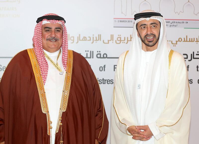 Abu Dhabi, United Arab Emirates - March 01, 2019: Sheikh Abdullah bin Zayed, UAE Minister of Foreign Affairs and International Cooperation greets Khalid bin Ahmed Al Khalifa at the OIC Ministerial Meeting. Friday the 1st of March 2019 at Emirates Palace, Abu Dhabi. Chris Whiteoak / The National