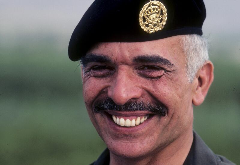 AMMAN -- MAY: King Hussein during the troop review, Amman, Jordan, May 1983. (Photo by David Hume Kennerly/Getty Images)
