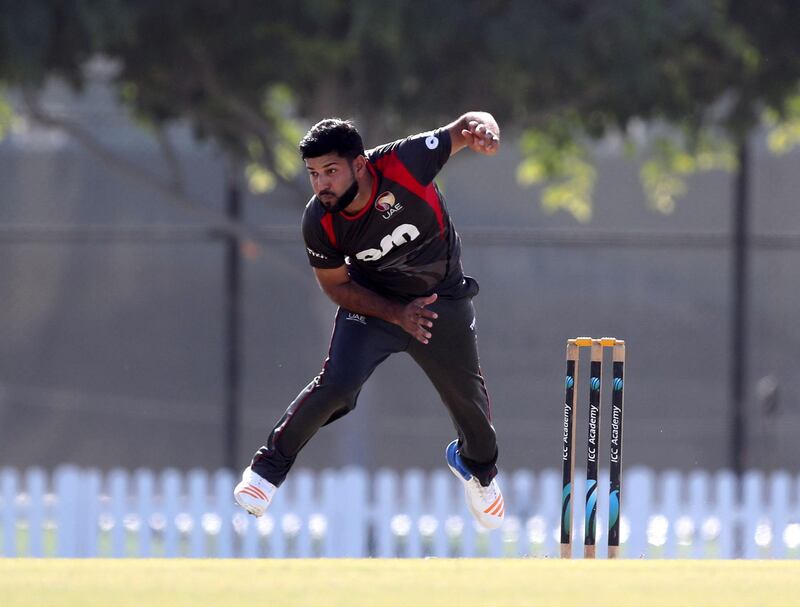 Dubai, United Arab Emirates - January 23rd, 2018: UAE's Mohammad Naveed in action during the match between the UAE and Scotland. Tuesday, January 23rd, 2018 at ICC Academy, Dubai. Chris Whiteoak / The National