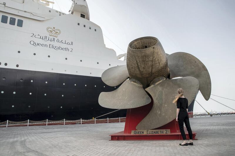 DUBAI, UNITED ARAB EMIRATES. 15 AUGUST 2018. One of the removed proleers of the Queen Elizabeth 2 cruise ship on the dock next to the moored ship. (Photo: Antonie Robertson/The National) Journalist: John Dennehy. Section: National.