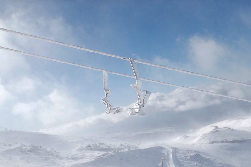 Frozen chairlifts one day before the opening of the ski season at the Mount Hermon Resort, at the intersection of the Israeli-Lebanese-Syrian border in the north of the Golan Heights, on January 20. EPA