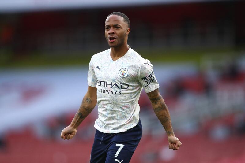 Manchester City attacker Raheem Sterling celebrates after scoring the only goal of the game in their win over Arsenal at the Emirates Stadium on February 21. Getty