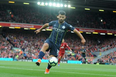 Manchester City's Sergio Aguero controls the ball during the English Premier League soccer match between Liverpool and Manchester City at Anfield stadium in Liverpool, England, Sunday, Oct. 7, 2018. (AP Photo/Rui Vieira)