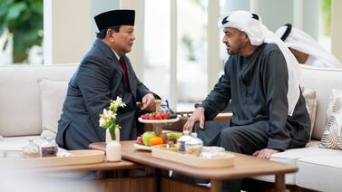 President Sheikh Mohamed met with Prabowo Subianto, president-elect and Minister of Defence of Indonesia, at Shati Palace.  Hamad Al Kaabi / UAE Presidential Court