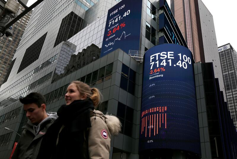 A display shows financial indices in Times Square, New York, Tuesday, Feb. 6, 2018. After big swings higher and lower, U.S. stocks are up slightly in afternoon trading Tuesday as investors look for calm after a global sell-off. The swings came one day after the steepest drop in 6 Â½ years. (AP Photo/Seth Wenig)