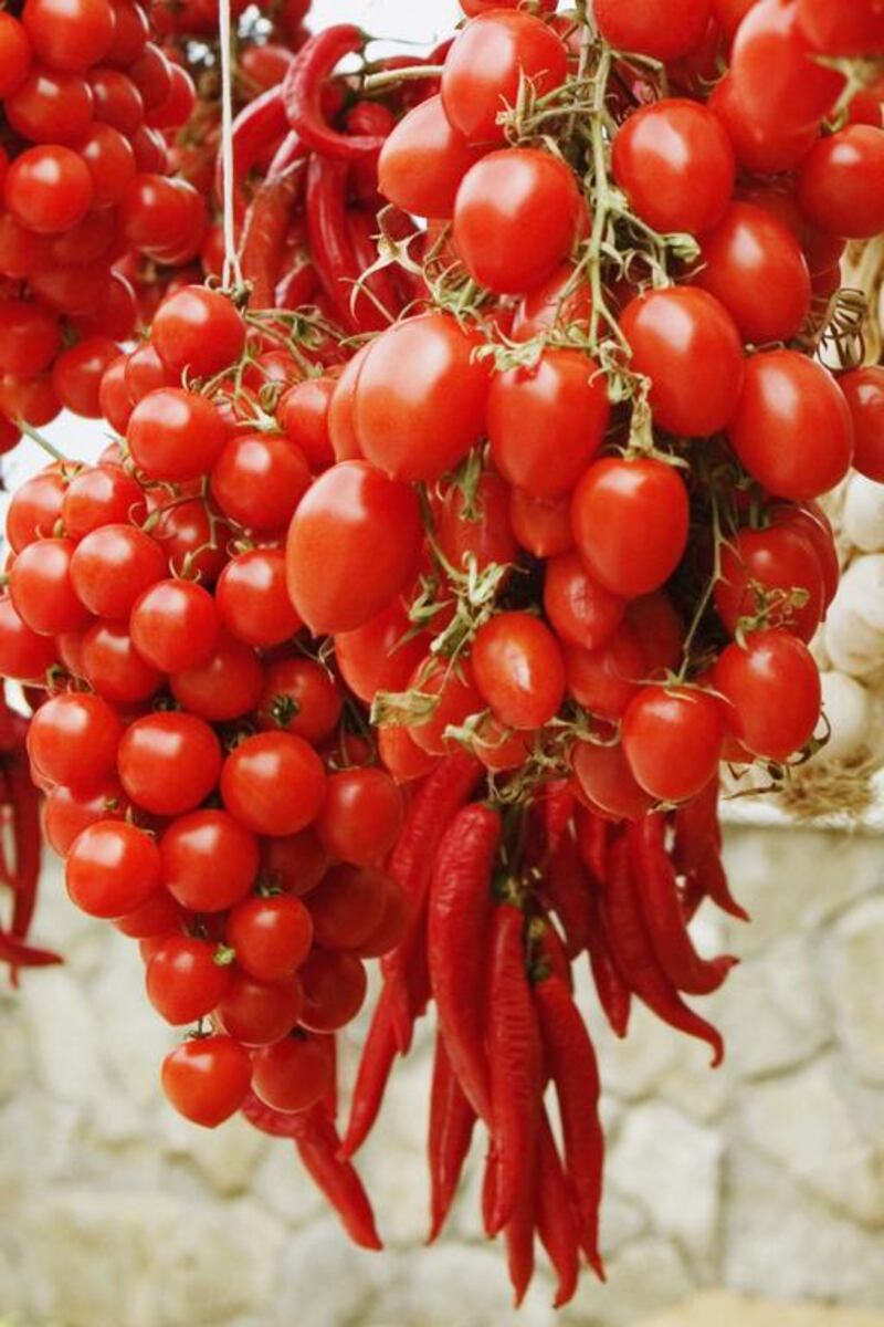 Close-up of tomatoes and red chili peppers hanging at a market stall, Sorrento, Sorrentine Peninsula, Naples Province, Campania, Italy (Getty Images)
