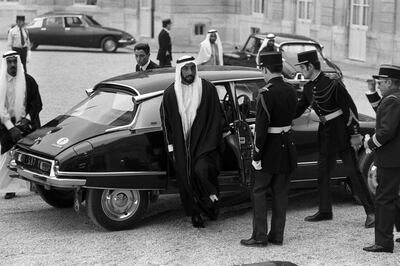 Sheikh Zayed arrives in Paris in March 1975 to meet then French President Valery Giscard d’Estaing. Gilbert Uzan / Gamma-Rapho via Getty Images