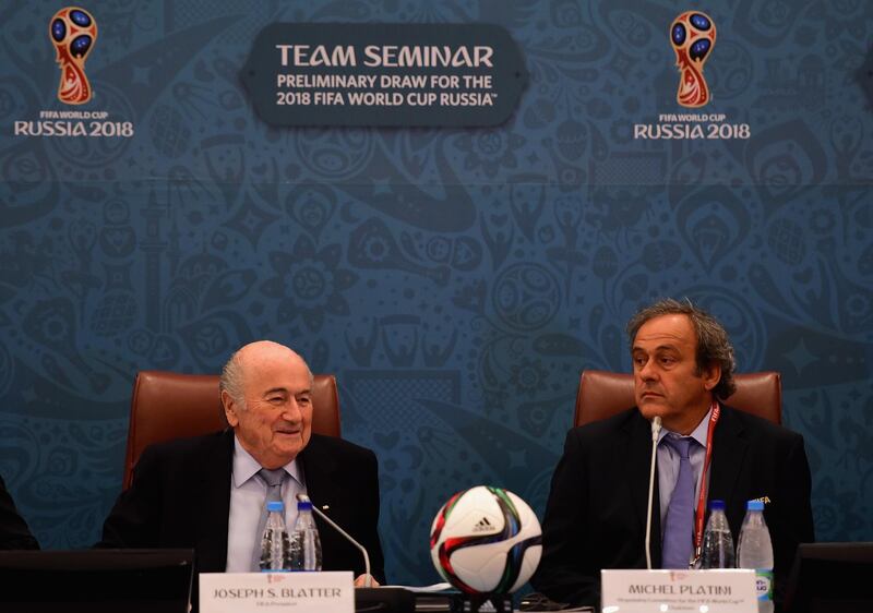 SAINT PETERSBURG, RUSSIA - JULY 25:  FIFA President Joseph S. Blatter and UEFA President Michel Platini look on during the Team Seminar ahead of the Preliminary Draw of the 2018 FIFA World Cup at the Corinthia Hotel on July 25, 2015 in Saint Petersburg, Russia.  (Photo by Shaun Botterill/Getty Images)