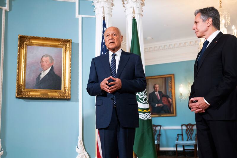 From left, Ahmed Aboul Gheit and Antony Blinken at the State Department in Washington on Wednesday. AP