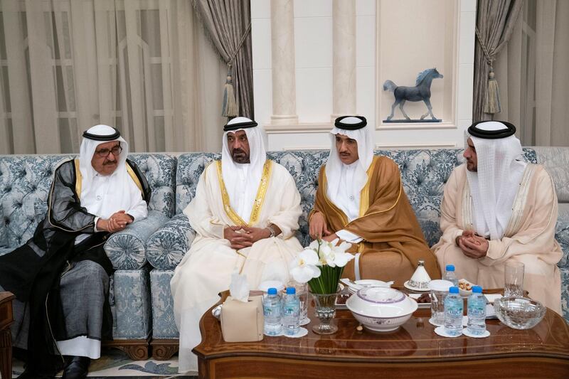 ABU DHABI, UNITED ARAB EMIRATES - June 04, 2019: (L-R) HH Sheikh Hamdan bin Rashid Al Maktoum, Deputy Ruler of Dubai and UAE Minister of Finance, HH Sheikh Ahmed bin Saeed Al Maktoum, President of the Department of Civil Aviation, CEO and Chairman of The Emirates Group, and Chairman of Dubai World, HE Ahmed Juma Al Zaabi, UAE Deputy Minister of Presidential Affairs and HH Sheikh Nahyan bin Saif bin Mohamed Al Nahyan, attend an Eid Al Fitr reception at Mushrif Palace. 

( Hamad Al Mansouri for the  Ministry of Presidential Affairs )
---