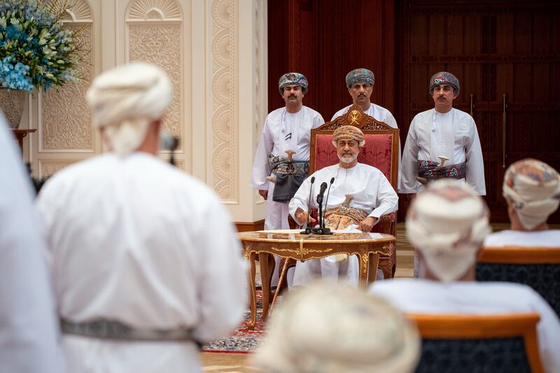 Oman's Sultan Haitham meets the sheikhs of Al Sharqiyah North governorate at the Al Shumoukh Fort in Manah on January 10, 2022. Oman News Agency