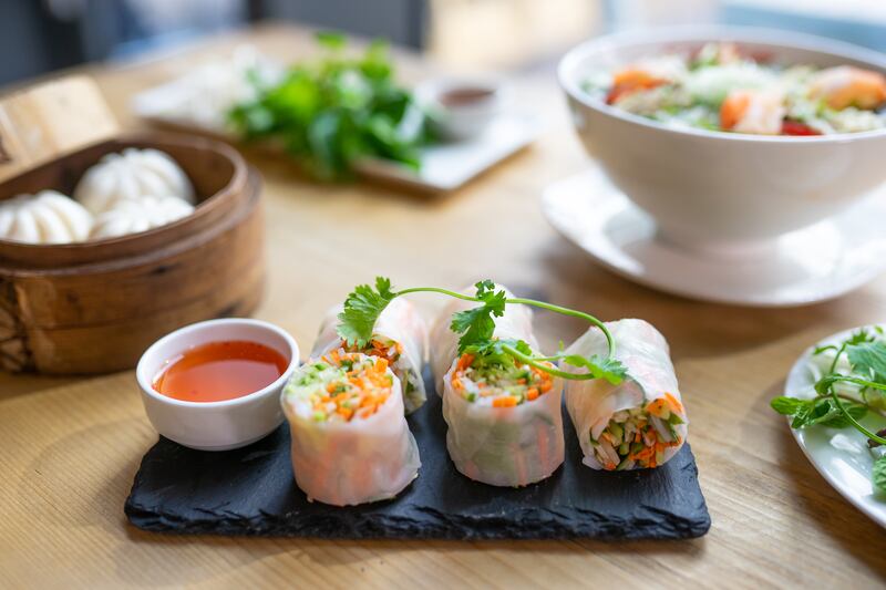 Cold goi cuon tom rolls are made from rice paper rolls, cooked shrimp, lettuce and herbs.