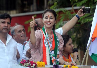 Urmila Matondkar, Bollywood actress-turned-politician who recently joined India's main opposition Congress party, gestures during her election campaign rally in Mumbai, India, April 11, 2019. REUTERS/Francis Mascarenhas