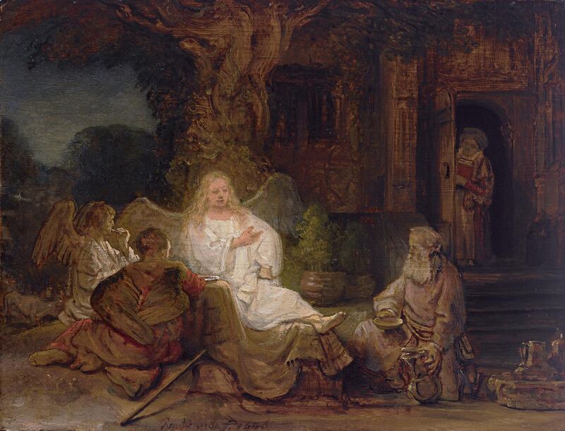 Rembrandt van Rijn's 'Abraham and the Angels' (1647), one of five biblical scenes left in private hands, will be sold at Sotheby's in January with an estimate of $20 to 30 million. Courtesy Sotheby's