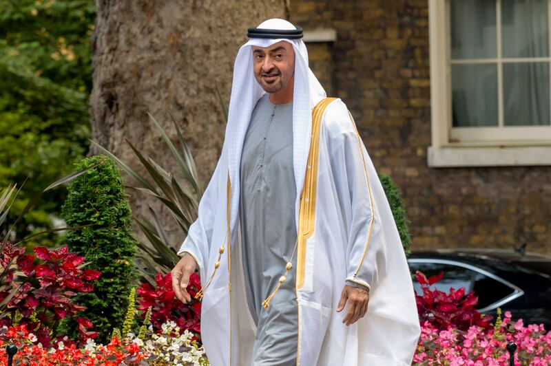 Sheikh Mohamed bin Zayed arrives to a reception hosted by Prime Minister Boris Johnson at 10 Downing Street. Ministry of Presidential Affairs