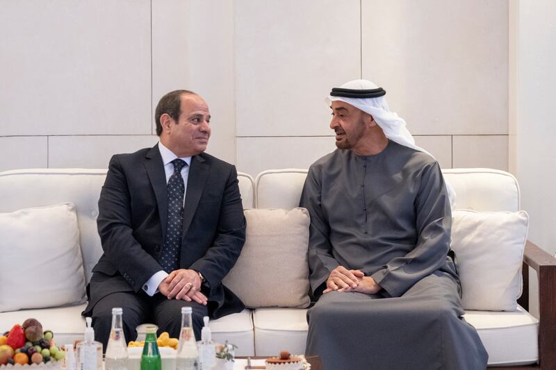 HH Sheikh Mohamed bin Zayed Al Nahyan, President of the United Arab Emirates (R), meets with HE Abdel Fattah El Sisi, President of Egypt (L), at Al Shati Palace. 
Hamad Al Kaabi /  UAE Presidential Court