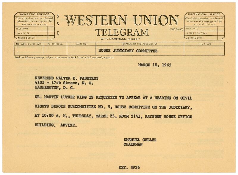 A 1965 telegram note requesting King's appearance before the House subcommittee on voting rights.