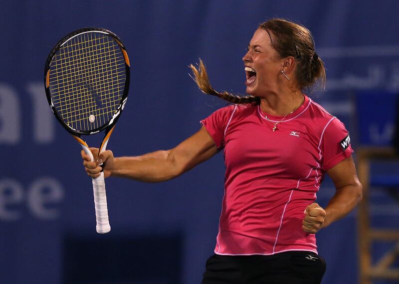 DUBAI, UNITED ARAB EMIRATES - FEBRUARY 18:  Yulia Putintseva of Kazakhstan celebrates at match point as she defeats Laura Robson of Great Britain during day one of the WTA Dubai Duty Free Tennis Championship on February 18, 2013 in Dubai, United Arab Emirates.  (Photo by Julian Finney/Getty Images) *** Local Caption ***  162042326.jpg