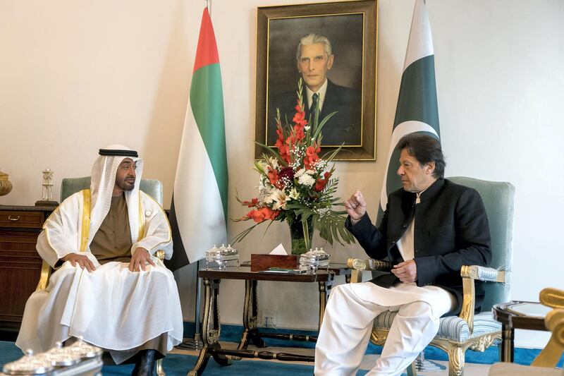 ISLAMABAD, PAKISTAN - January 06, 2019: HH Sheikh Mohamed bin Zayed Al Nahyan, Crown Prince of Abu Dhabi and Deputy Supreme Commander of the UAE Armed Forces (L), meets with HE Imran Khan, Prime Minister of Pakistan (R), at the Prime Minister's residence.

( Rashed Al Mansoori / Ministry of Presidential Affairs )
---?