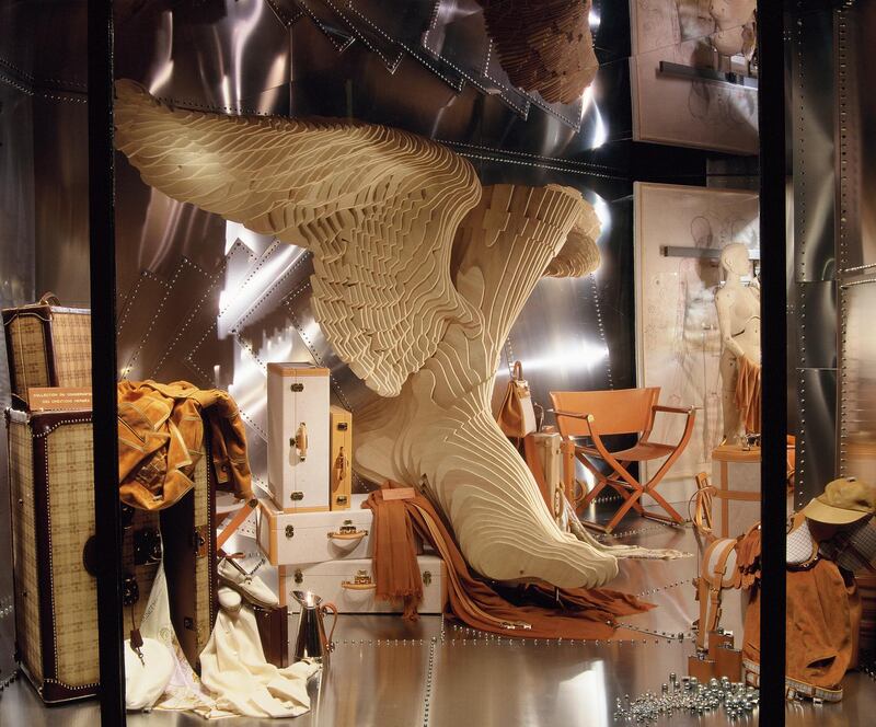 The windows of Hermes's 24, Faubourg Saint-Honore flagship featured an oversized winged foot for spring/summer 1995. Courtesy Guillaume de Laubier