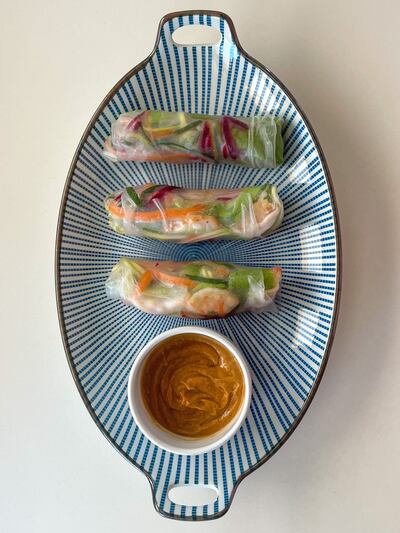 Vegetable rice rolls with spicy peanut butter dressing. Photo: Soha Darwish