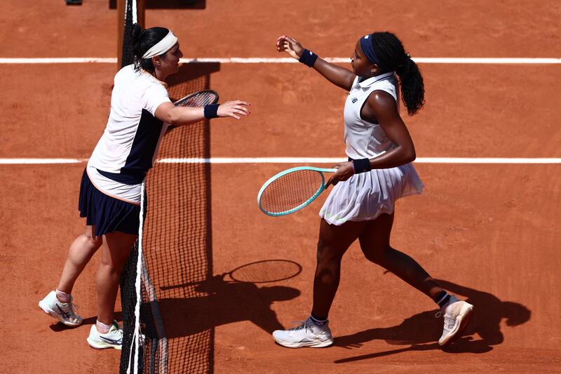 Coco Gauff of the US is congratulated by Tunisia's Ons Jabeur after she won their French Open quarter-final at Roland-Garros stadium in Paris on Tuesday, June 4, 2024  Reuters
