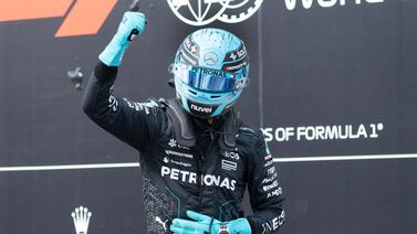 Mercedes driver George Russell celebrates after taking pole in the qualifying session for the Canadian Grand Prix. AP