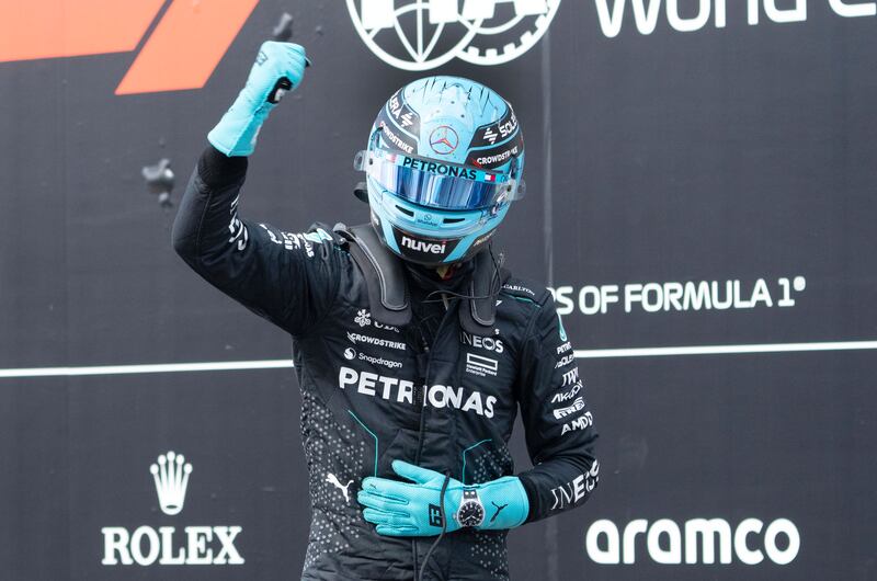 Mercedes driver George Russell celebrates after taking pole in the qualifying session for the Canadian Grand Prix. AP