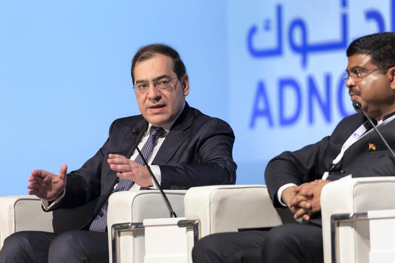 Tarek el-Molla, Egypt's minister for petroleum and mineral resources, speaks during a panel discussion at the ADNOC Downstream Investment Forum in Abu Dhabi, United Arab Emirates, on Sunday, May 13, 2018. Abu Dhabi National Oil Co. plans to invest $45 billion over five years to expand the Ruwais refining and petrochemicals complex. Photographer: Christophe Visieux/Bloomberg