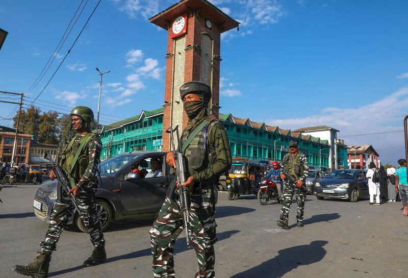 Indian paramilitary forces on patrol in Srinagar, the summer capital of Indian Kashmir. EPA