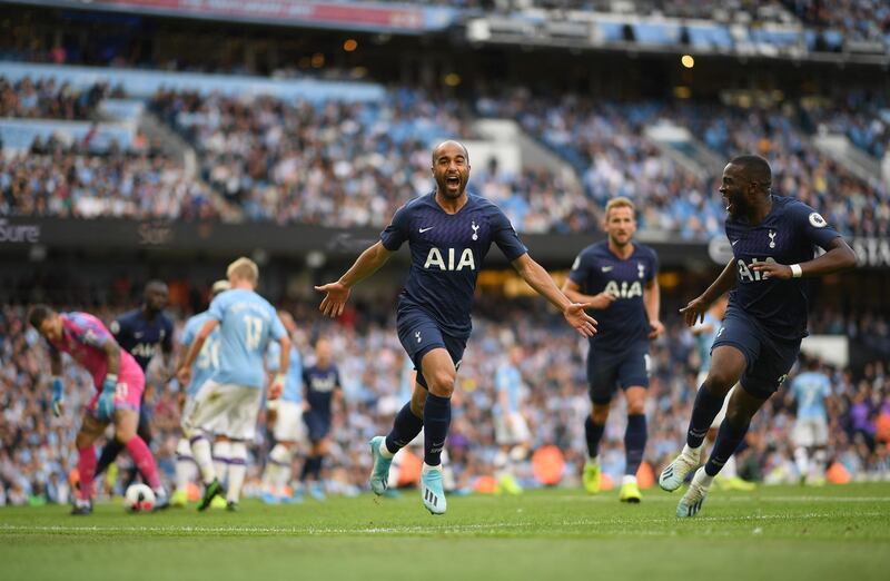 Lucas Moura of Tottenham Hotspur celebrates after scoring during the Premier League match between Manchester City and Tottenham Hotspur at Etihad Stadium. Getty Images