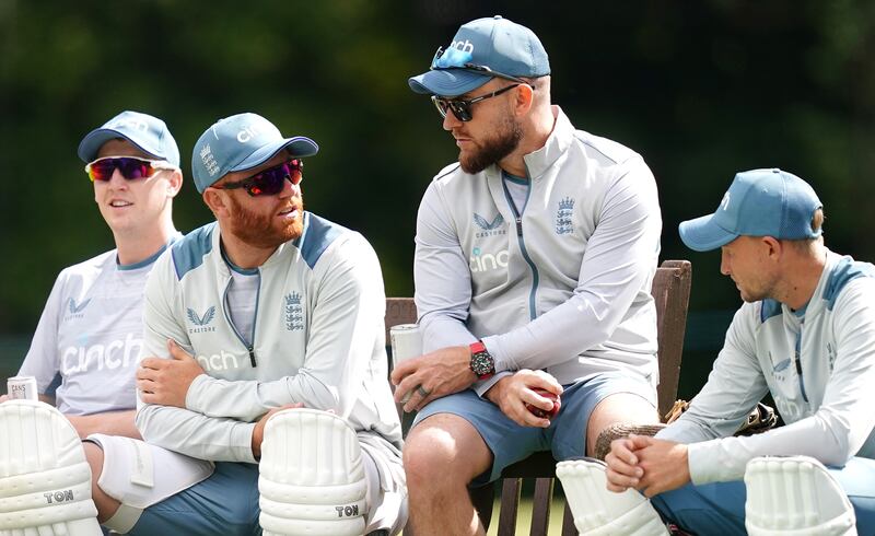 England's Harry Brook, Jonny Bairstow, head coach Brendon McCullum and Joe Root during a break from batting, during a nets session at Edgbaston Stadium, Birmingham, on Thursday, June 30, 2022, on the eve of the 5th Test against India, PA