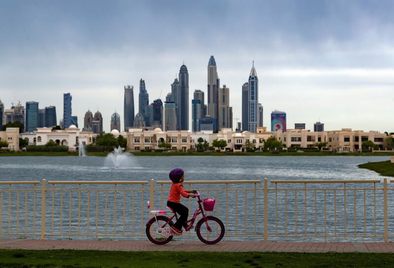 Dubai, United Arab Emirates - April 10, 2019: Dark clouds over the Dubai skyline. Wednesday the 10th of April 2019. The Springs, Dubai. Chris Whiteoak / The National