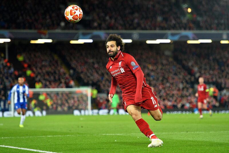 epa07496187 Liverpool's Mohamed Salah in action during the UEFA Champions League quarter final, first leg soccer match between Liverpool FC and FC Porto at Anfield in Liverpool, Britain, 09 April 2019.  EPA/PETER POWELL