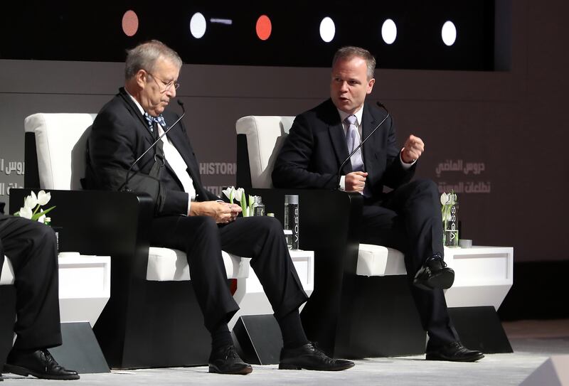 Toomas Hendrik Ilves, left, former president of Estonia from 2006-2016, and Sir Craig Oliver at the International Government Communication Forum held at the Expo Centre in Sharjah.