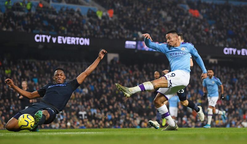 MANCHESTER, ENGLAND - JANUARY 01: Gabriel Jesus of Manchester City scores his sides second goal during the Premier League match between Manchester City and Everton FC at Etihad Stadium on January 01, 2020 in Manchester, United Kingdom. (Photo by Michael Regan/Getty Images)
