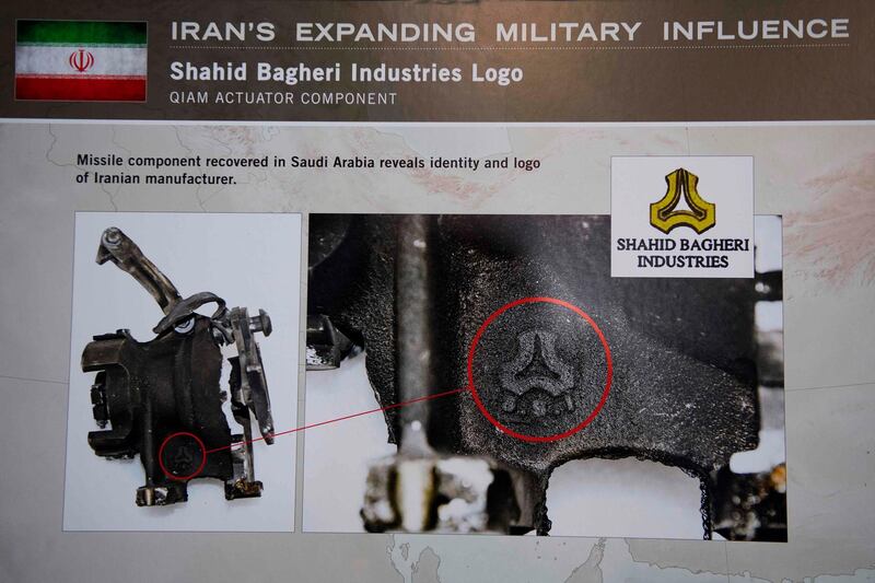 A placard showing a missile component recovered in Saudi Arabia reveals identity and logo of Iranian manufacturer Shahid Bagger Industries Logo after US Ambassador to the United Nations Nikki Haley unveiled previously classified information intending to prove Iran violated UNSCR 2231 by providing the Houthi rebels in Yemen with arms during a press conference at Joint Base Anacostia in Washington, DC, on December 14, 2017.
Haley said Thursday that a missile fired by Huthi militants at Saudi Arabia last month had been made in Iran. "It was made in Iran then sent to Huthi militants in Yemen," Haley said of the missile.
 / AFP PHOTO / JIM WATSON