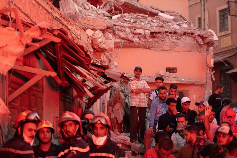 Rescue teams and villagers during search and rescue operations after the earthquake in Tafeghaghte, in El Haouz region of Morocco. Bloomberg