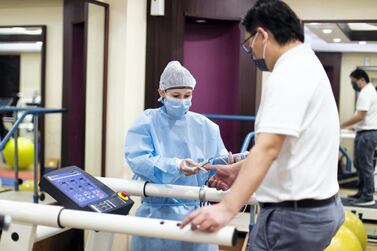 DUBAI, UNITED ARAB EMIRATES. 18 OCTOBER 2020. Cornelia Gloor- Physiotherapist, in the physiotherapy facility, RAK Hospital has introduced a free-of-cost programme that offers physical, cognitive, dietary and psychological support to patients. (Photo: Reem Mohammed/The National) Reporter: Section: