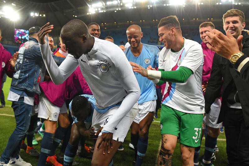 MANCHESTER, ENGLAND - MAY 09:  Yaya Toure of Manchester City gets a send off from his team mates at the end of the Premier League match between Manchester City and Brighton and Hove Albion at Etihad Stadium on May 9, 2018 in Manchester, England.  (Photo by Mike Hewitt/Getty Images)