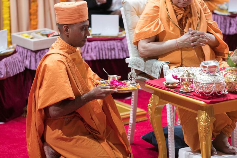 ABU DHABI, UNITED ARAB EMIRATES - April 20 2019.

The Shilanyas Vidhi, The Foundation
ceremony of the first traditional Hindu Mandir in Abu Dhabi, UAE. The Vedic ceremony is performed in the holy presence of His Holiness Mahant Swami Maharaj, the spiritual leader of BAPS Swaminarayan Sanstha.

(Photo by Reem Mohammed/The National)

Reporter:
Section: NA + BZ