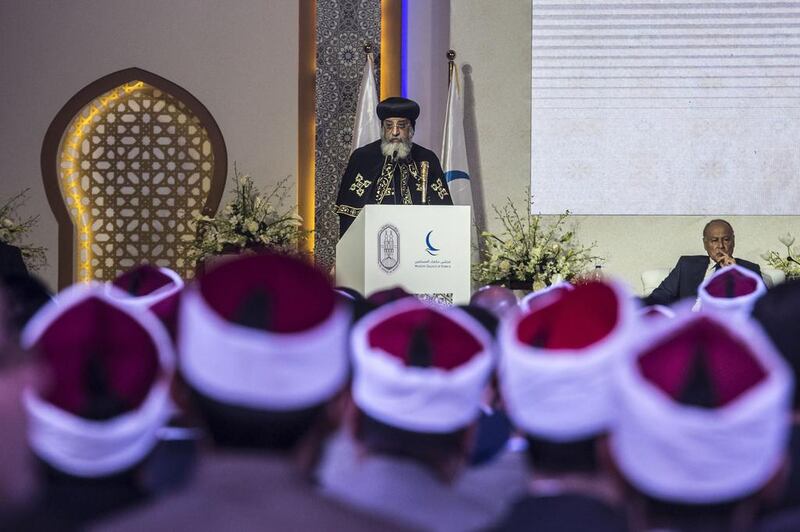 Coptic Christian Pope Tawadros II of Alexandria addresses scholars at the conference. Khaled Desouki / AFP