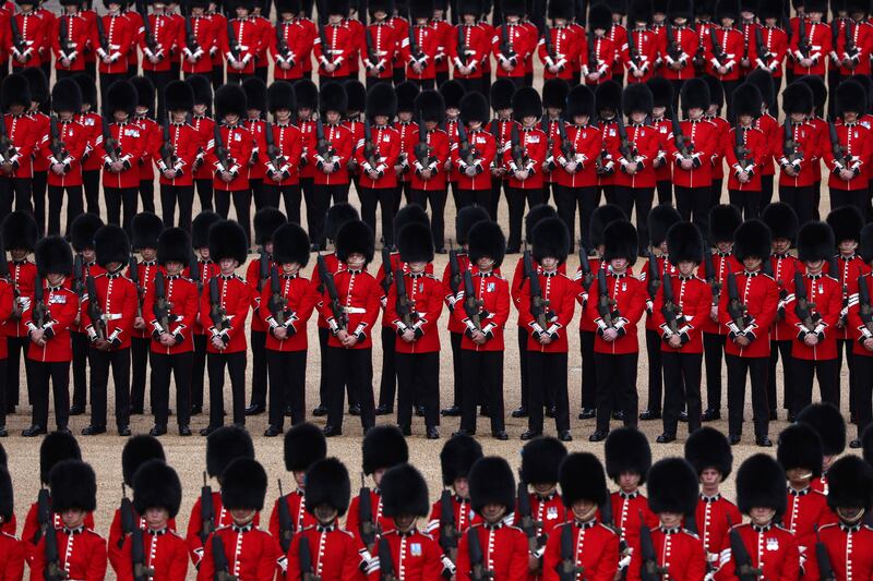 Soldiers stand at the Colonel's Review in London, a prelude to the annual Trooping the Colour parade. Getty