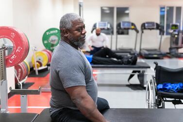 DUBAI, UNITED ARAB EMIRATES. 17 DECEMBER 2020. Emirati Paralympian powerlifter Mohammed Khamis Khalaf training at Dubai Club for People of Determination. (Photo: Reem Mohammed/The National) Reporter: Section: