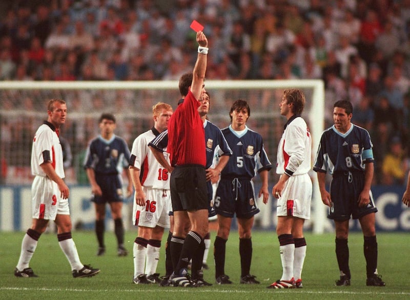 England made it to the Round of 16 at the 1998 World Cup in France. David Beckham received a red card in the knockout match against Argentina after kicking out at Diego Simeone. England went on to lose the game in a penalty shootout.
