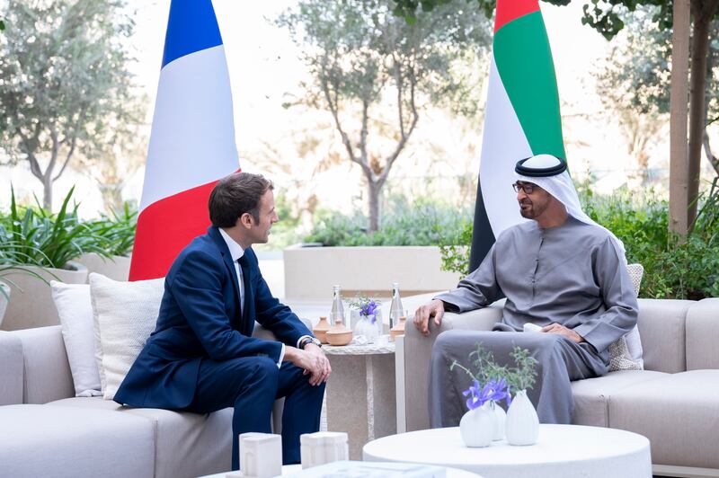 Sheikh Mohamed and Mr Macron discussed friendly relations and co-operation in various sectors. Photo: Ministry of Presidential Affairs