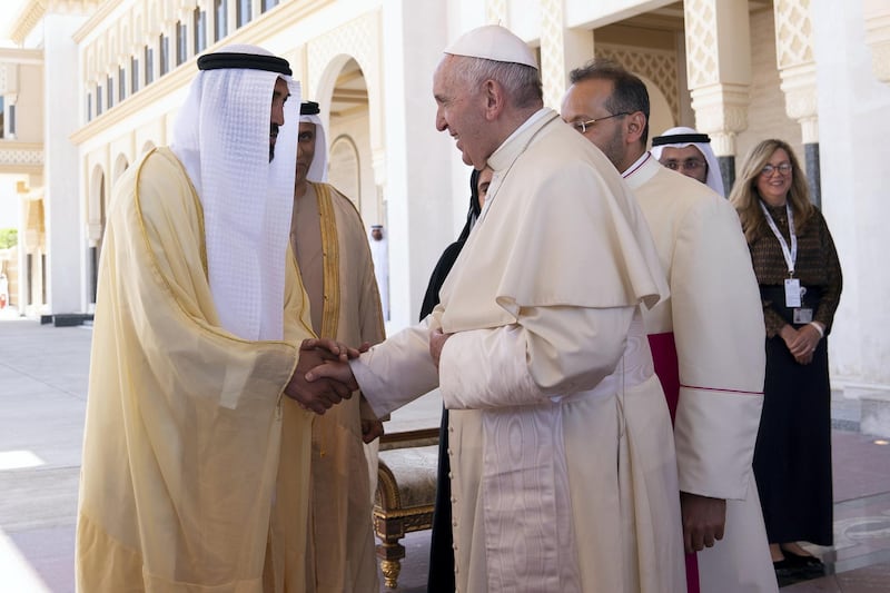 ABU DHABI, UNITED ARAB EMIRATES - February 05, 2019: Day three of the UAE Papal visit - HE Mohamed Mubarak Al Mazrouei, Undersecretary of the Crown Prince Court of Abu Dhabi (L), bids farewell to His Holiness Pope Francis, Head of the Catholic Church (R), at the Presidential Airport. 


( Mohamed Al Hammadi / Ministry of Presidential Affairs )
---
