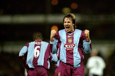 29 Dec 1999: Paul Merson of Aston Villa celebrates during the FA Carling Premier League match against Spurs played at Villa Park in Birmingham, England. The game finished in a 1-1 draw. \ Mandatory Credit: Ben Radford /Allsport